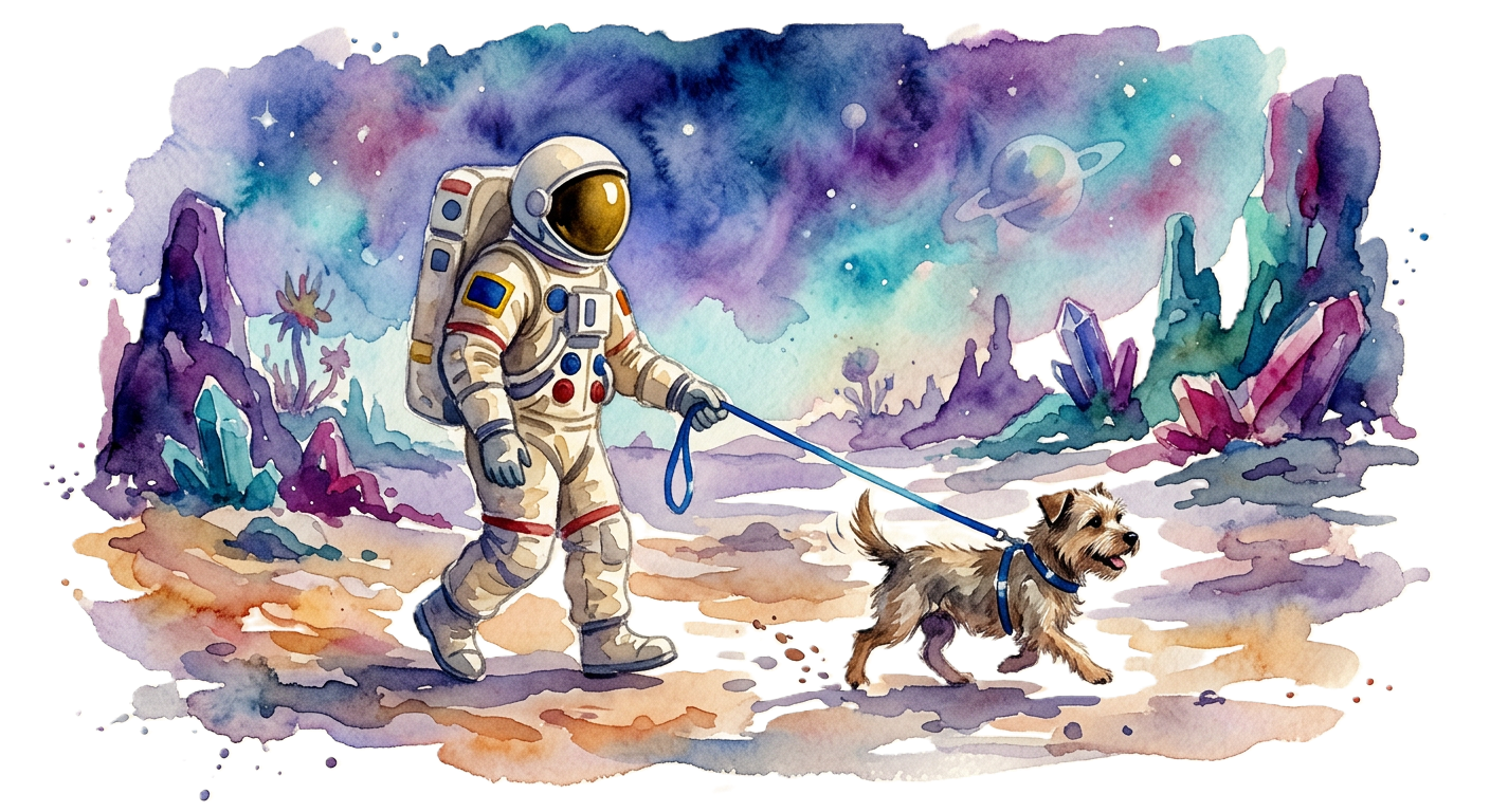 Diseño Paseo espacial con perro de la colección Good Vibes